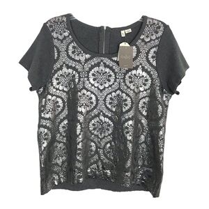 Anthropologie Moth Gray & Silver Metallic Short Sleeve Lace-Front Top
